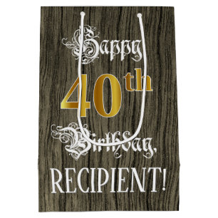 Sac Cadeau Moyen 40e anniversaire : Faux Gold Look & Faux Wood Moti