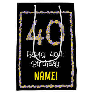 Sac Cadeau Moyen 40e anniversaire : Floral Flowers Numéro, Nom pers