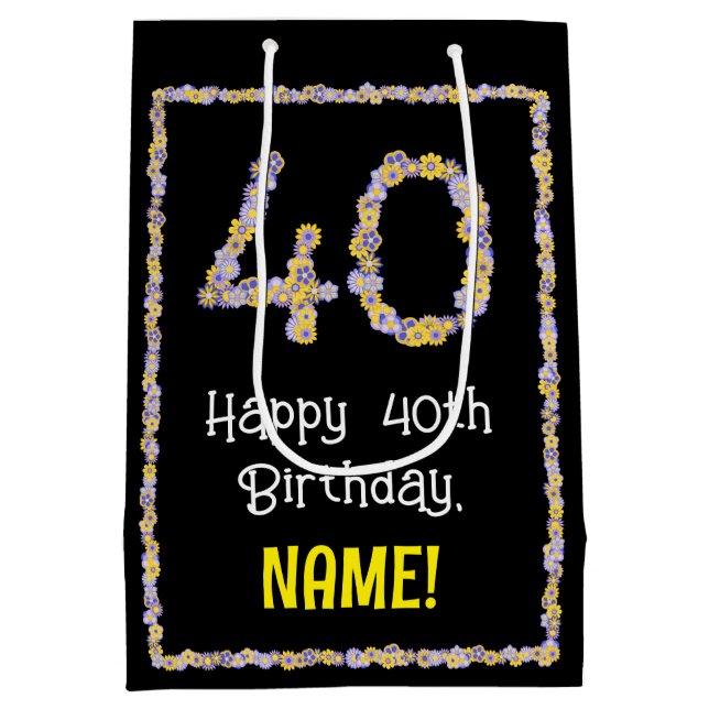Sac Cadeau Moyen 40e anniversaire : Floral Flowers Numéro, Nom pers (Dos)