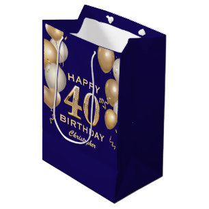 Sac Cadeau Moyen 40e Anniversaire Marine Bleu et Ballons d'or
