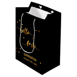 Sac Cadeau Moyen 40e anniversaire noir or bonjour 40 nom script