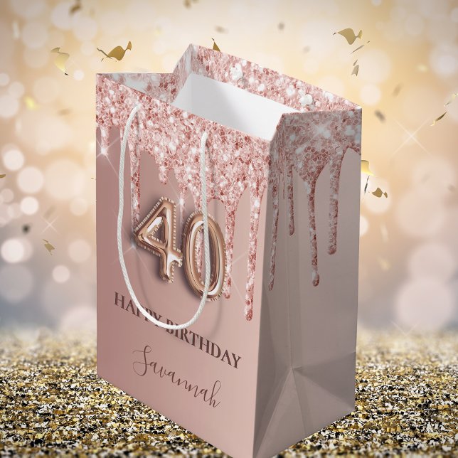 Sac Cadeau Moyen 40e anniversaire rose or parties scintillant rose  (Créateur téléchargé)