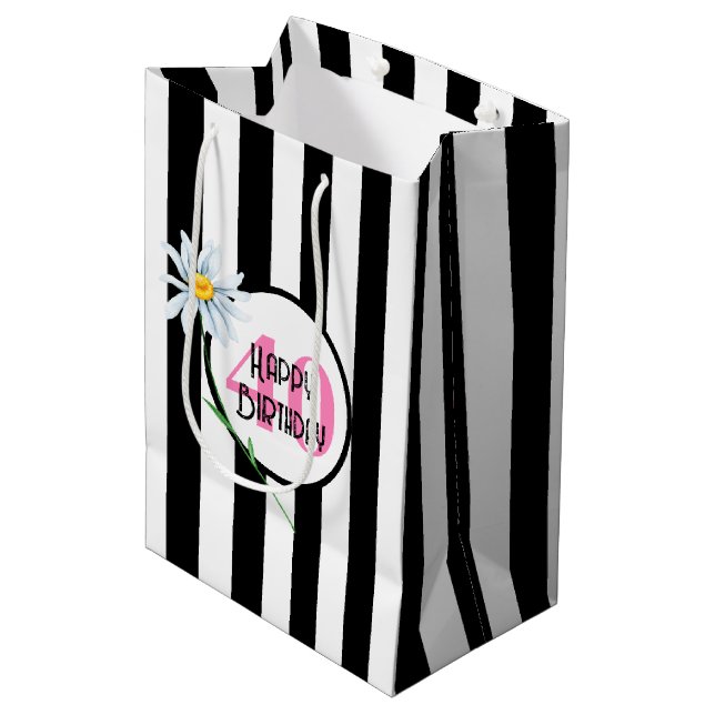 Sac Cadeau Moyen 40e anniversaire Stripes noir et blanc (Devant Angle)