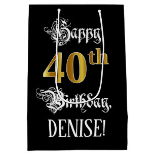 Sac Cadeau Moyen 40th Birthday - Fancy Script ; Faux Gold Look ; no