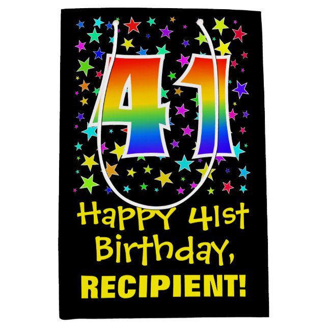 Sac Cadeau Moyen 41e anniversaire : Colorful Stars Motif & Rainbow  (Devant)