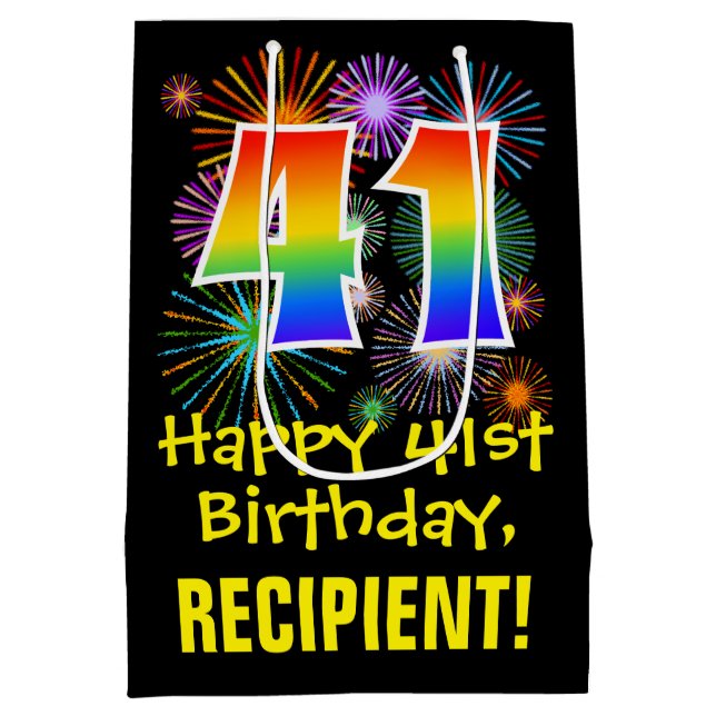 Sac Cadeau Moyen 41e anniversaire : Fun Motif feux d'artifice + Arc (Dos)