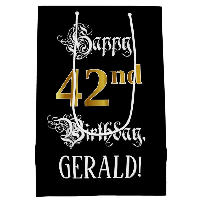 Sac Cadeau Moyen 42 nd Birthday - Fancy Script ; Faux Gold Look ; n (Dos)