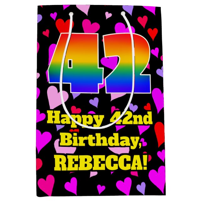 Sac Cadeau Moyen 42e anniversaire : Amour Hearts Motif, Arc en ciel (Devant)