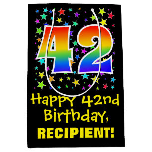 Sac Cadeau Moyen 42e anniversaire : Colorful Stars Motif & Rainbow 