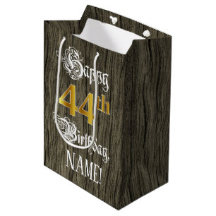 Sac Cadeau Moyen 44e anniversaire : Faux Gold Look & Faux Wood Moti