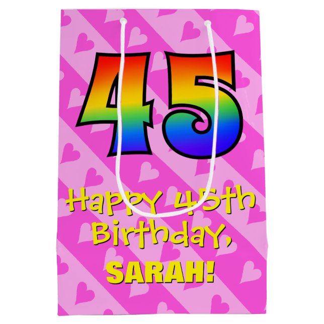 Sac Cadeau Moyen 45e anniversaire : Amusants Coeurs roses Stripes;  (Dos)