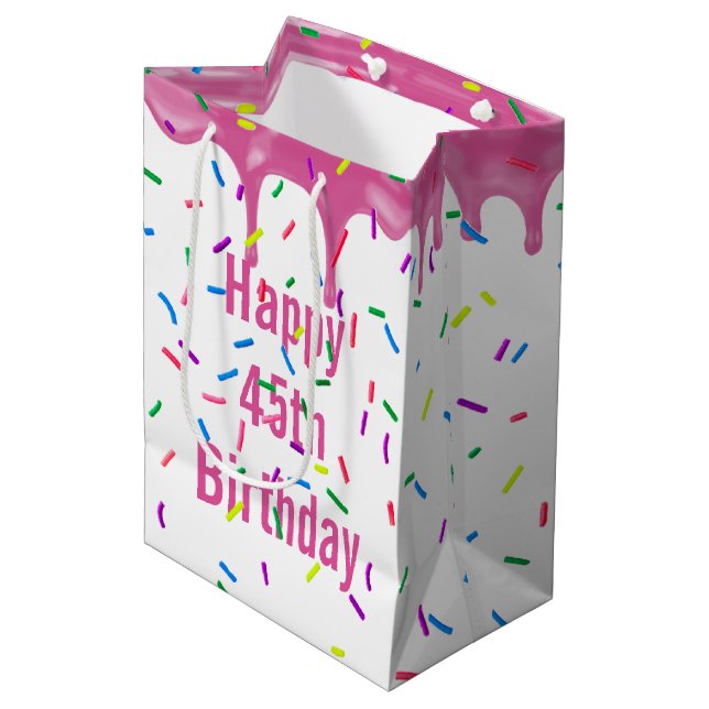 Sac Cadeau Moyen 45e Anniversaire Sprinkles Sur Glace Rose (Devant Angle)