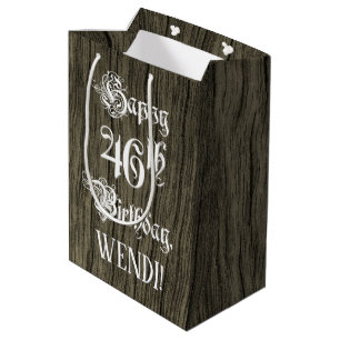 Sac Cadeau Moyen 46e anniversaire : fantaisie, Faux Wood Look + Nom
