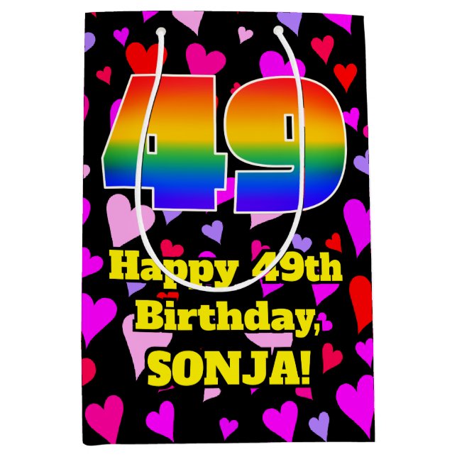 Sac Cadeau Moyen 49e anniversaire : Amour Hearts Motif, Arc en ciel (Devant)