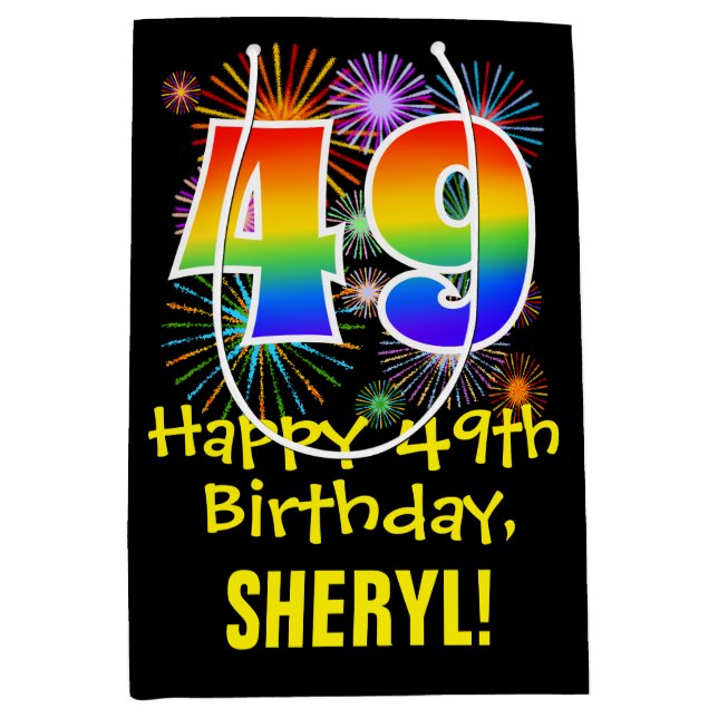 Sac Cadeau Moyen 49ème anniversaire : Fun Fireworks Motif + Rainbow (Devant)