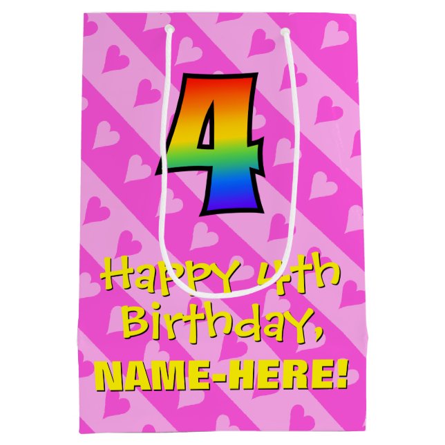 Sac Cadeau Moyen 4e anniversaire : Amusants Coeurs roses Stripes &  (Dos)