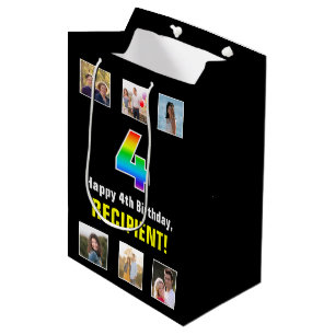 Sac Cadeau Moyen 4e anniversaire : Arc-en-ciel "4", photos et nom p