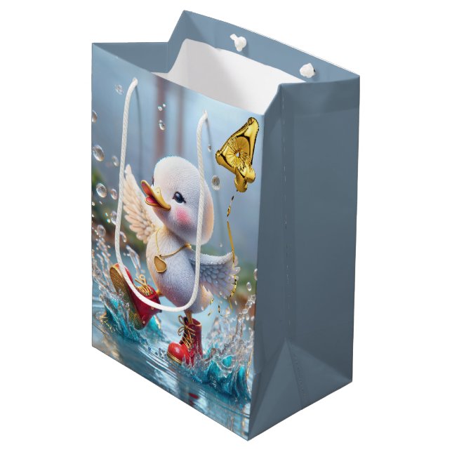 Sac Cadeau Moyen 4e anniversaire Duckkling Dancing in a Puddle (Devant Angle)