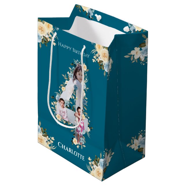 Sac Cadeau Moyen 4e anniversaire Photo Collage Turquoise bleu jaune (Devant Angle)
