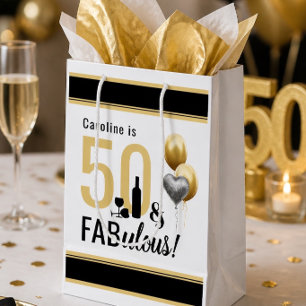 Sac Cadeau Moyen 50 ans et fabuleux Anniversaire Moderne Or et Noir