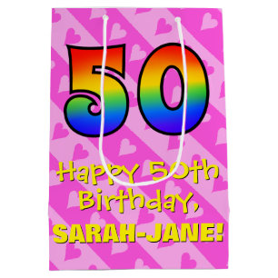 Sac Cadeau Moyen 50e anniversaire : Amusants Coeurs roses Stripes;