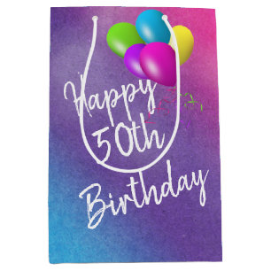 Sac Cadeau Moyen 50e Anniversaire Ballons Sur Arc En Ciel
