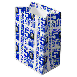 Sac Cadeau Moyen 50e anniversaire bleu look 50 nom photo personnali