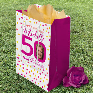 Sac Cadeau Moyen 50e anniversaire coloré couleur jaune confetti pho
