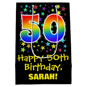 Sac Cadeau Moyen 50e anniversaire : Colorful Stars Motif & Rainbow