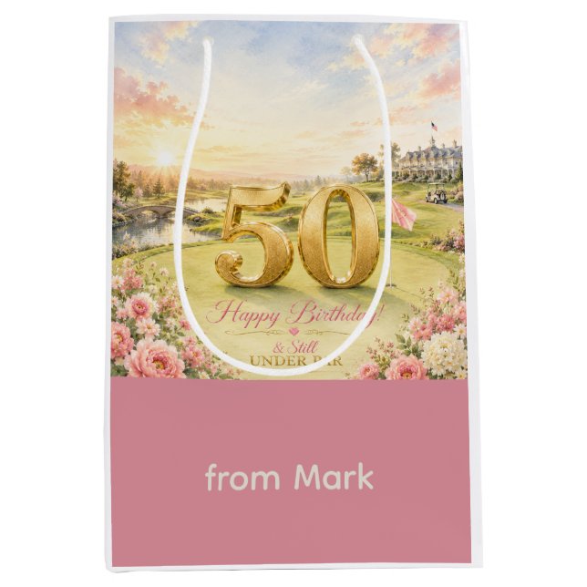 Sac Cadeau Moyen 50e anniversaire de golf pour golfeuse thème rose (Devant)