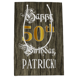 Sac Cadeau Moyen 50e anniversaire : Faux Gold Look & Faux Wood Moti