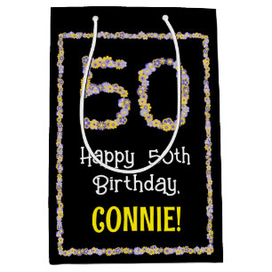Sac Cadeau Moyen 50e anniversaire : Floral Flowers Numéro, Nom pers