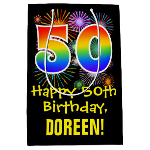 Sac Cadeau Moyen 50e anniversaire : Fun Fireworks Motif + Rainbow 5