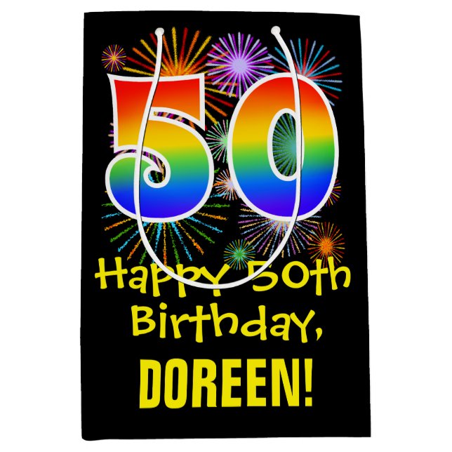 Sac Cadeau Moyen 50e anniversaire : Fun Motif Fireworks + Rainbow 5 (Devant)