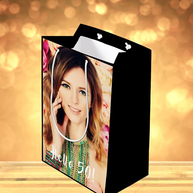 Sac Cadeau Moyen 50e anniversaire personnalisé photo bonjour 50 cin (Créateur téléchargé)