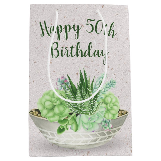 Sac Cadeau Moyen 50e anniversaire Plante succulent sur Terrazzo (Devant)
