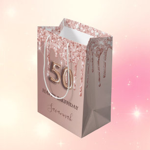 Sac Cadeau Moyen 50e anniversaire rose or parties scintillant rose