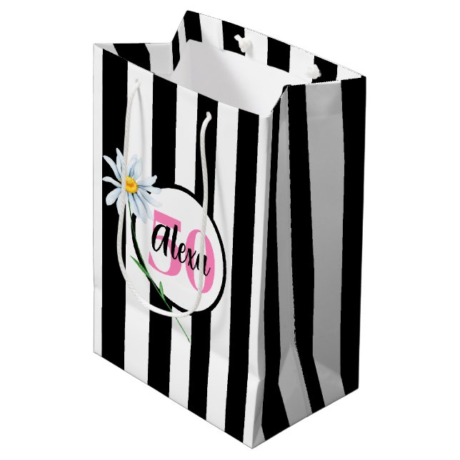 Sac Cadeau Moyen 50e anniversaire Stripes noir et blanc (Devant Angle)