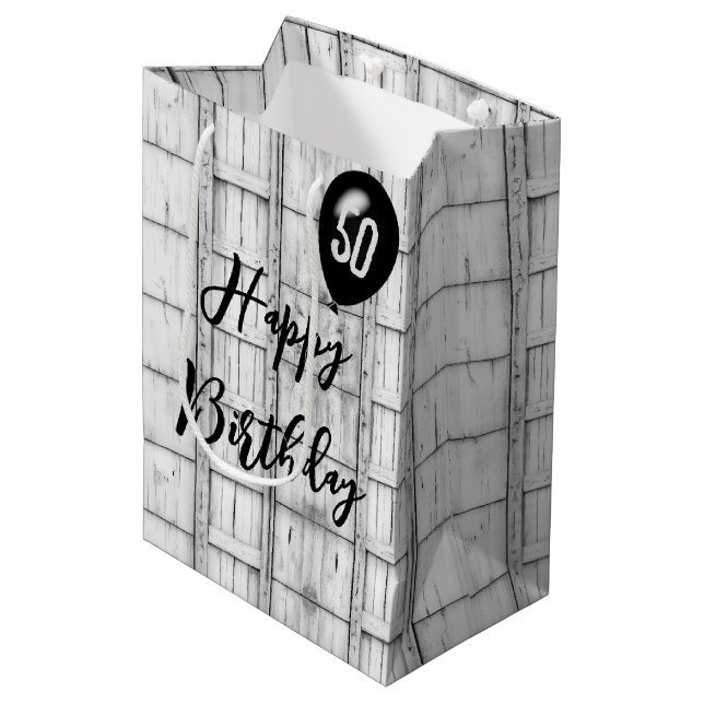 Sac Cadeau Moyen 50e anniversaire symétrique Motif de bois rustique (Devant Angle)