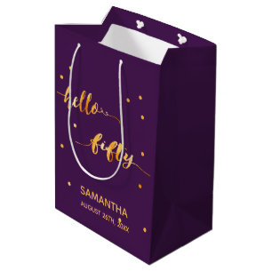 Sac Cadeau Moyen 50e anniversaire violet typographie or moderne