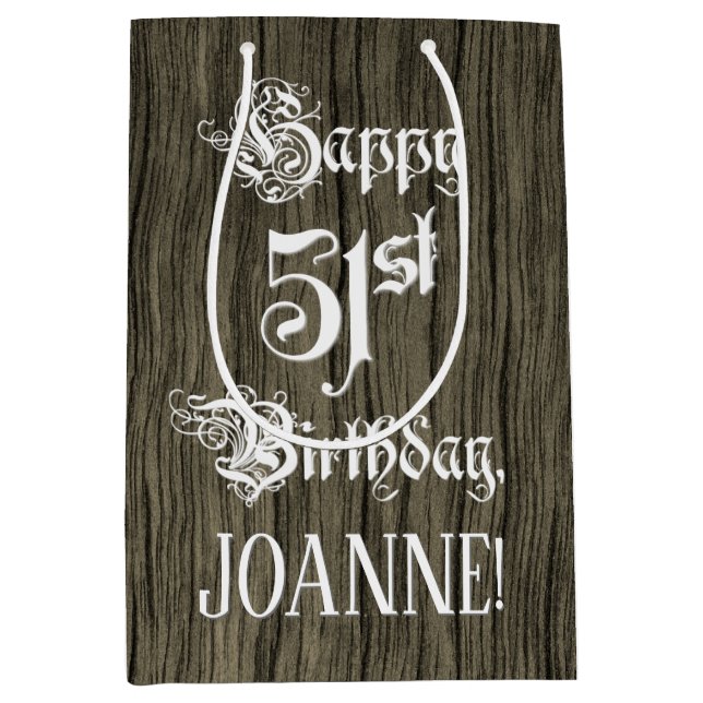 Sac Cadeau Moyen 51e anniversaire : Fancy, Faux Wood Look + Custom  (Devant)