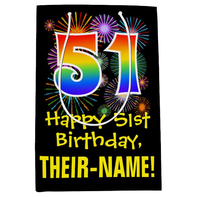 Sac Cadeau Moyen 51e anniversaire : Fun Motif Fireworks + Rainbow 5 (Devant)
