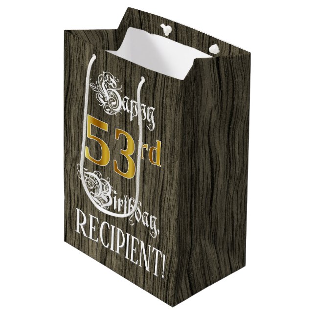 Sac Cadeau Moyen 53e anniversaire : Faux Gold Look & Faux Wood Moti (Devant Angle)