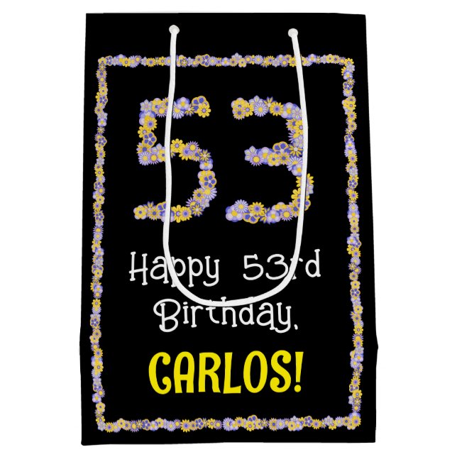 Sac Cadeau Moyen 53e anniversaire : Floral Flowers Numéro, Nom pers (Dos)
