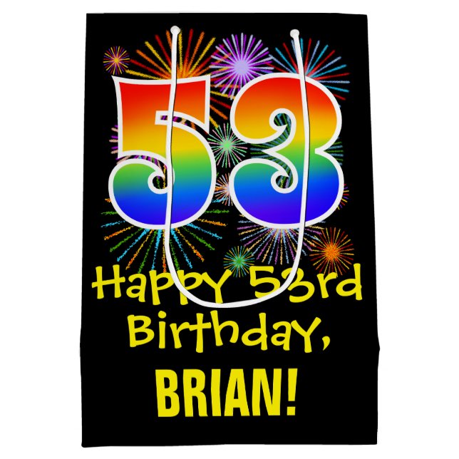 Sac Cadeau Moyen 53e anniversaire : Fun Fireworks Motif + Rainbow 5 (Dos)