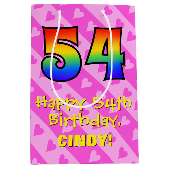 Sac Cadeau Moyen 54e anniversaire : Amusants Coeurs roses Stripes;  (Devant)