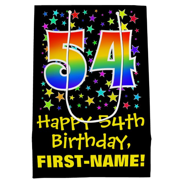 Sac Cadeau Moyen 54e anniversaire : Colorful Stars Motif & Rainbow  (Dos)
