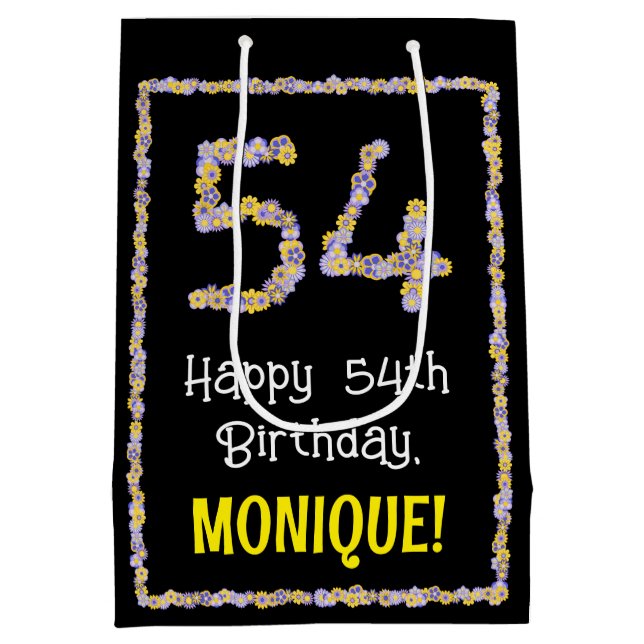 Sac Cadeau Moyen 54e anniversaire : Floral Flowers Numéro, Nom pers (Dos)