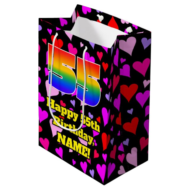 Sac Cadeau Moyen 55e anniversaire : Amour Hearts Motif, Arc-en-ciel (Devant Angle)