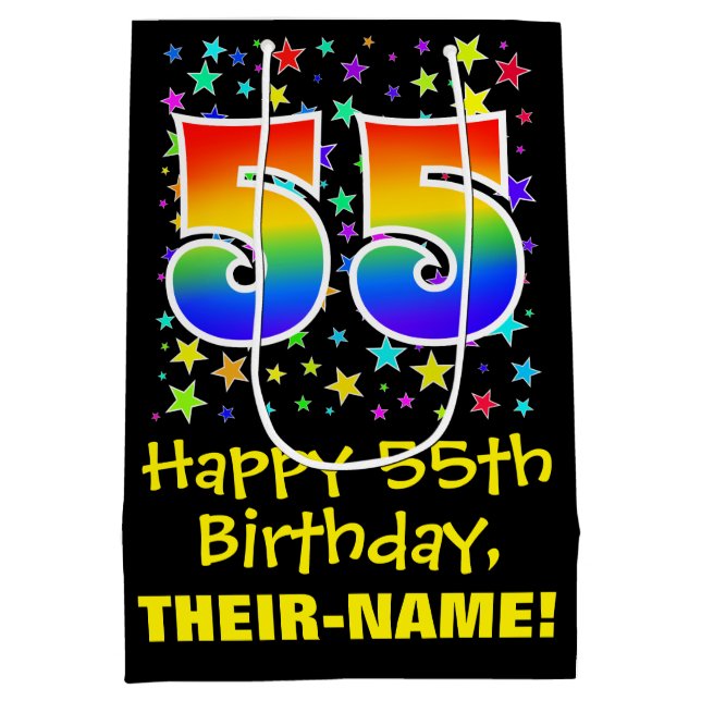 Sac Cadeau Moyen 55e anniversaire : Colorful Stars Motif & Rainbow  (Dos)